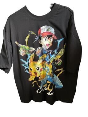 Black Graphic T-Shirt with Ash and Pikachu Design